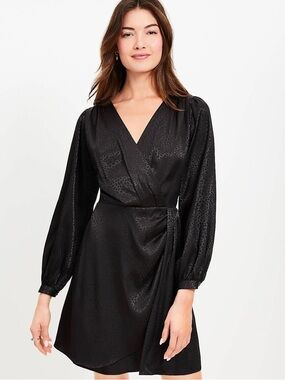 LOFT Black Satin Jacquard Draped Mini Dress Women 6